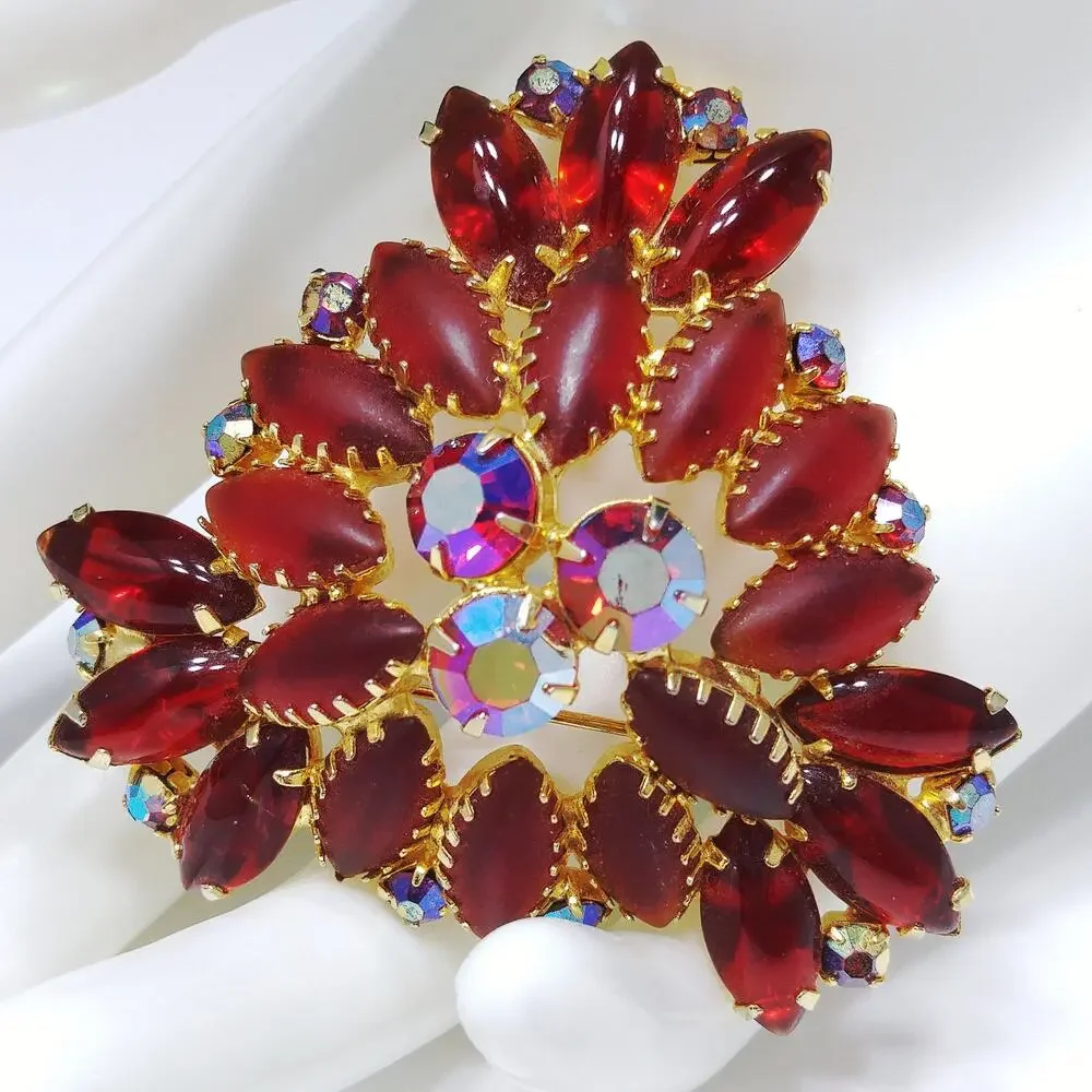 Red Art Glass & Rhinestone Brooch, Gold Plated, Juliana Style, 1960s Vintage
